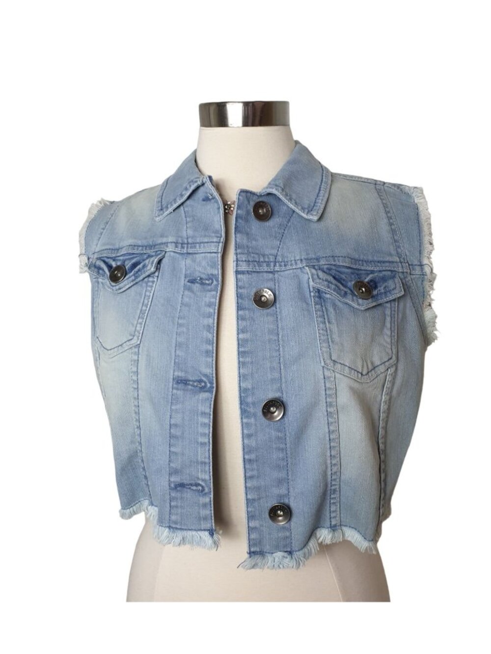 Southpole Womens L Denim Vest Light Blue Frayed Edges Grunge Hip Hop Designer - Picture 5 of 9